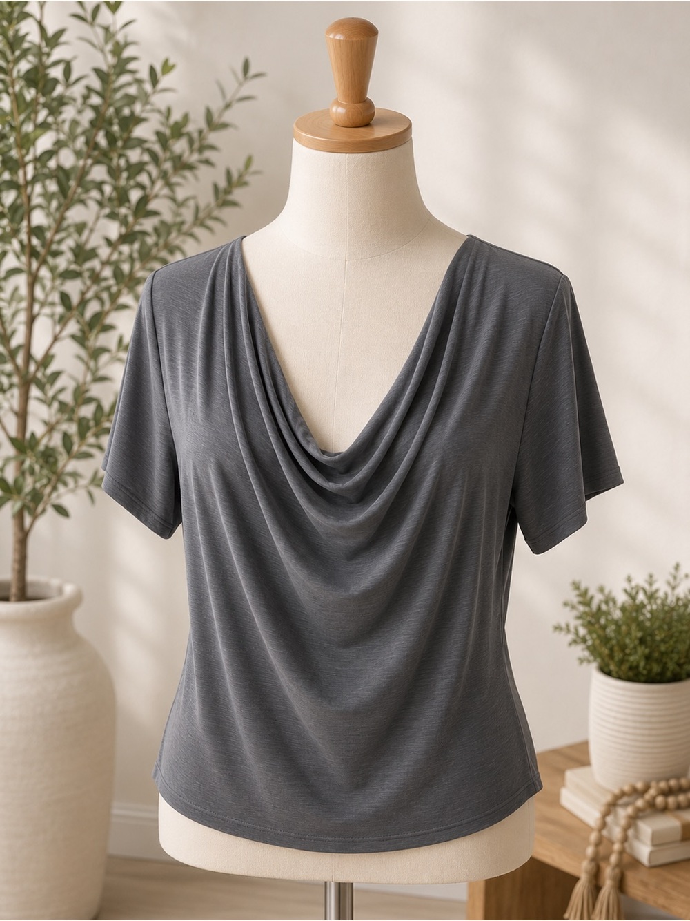 Green Envelope Draped V-Neck Short Sleeve Top - Charcoal Gray